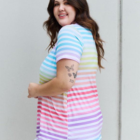 Heimish Out And Proud Full Size Multicolored Striped V-Neck Short Sleeve Top - Picture 3 of 10